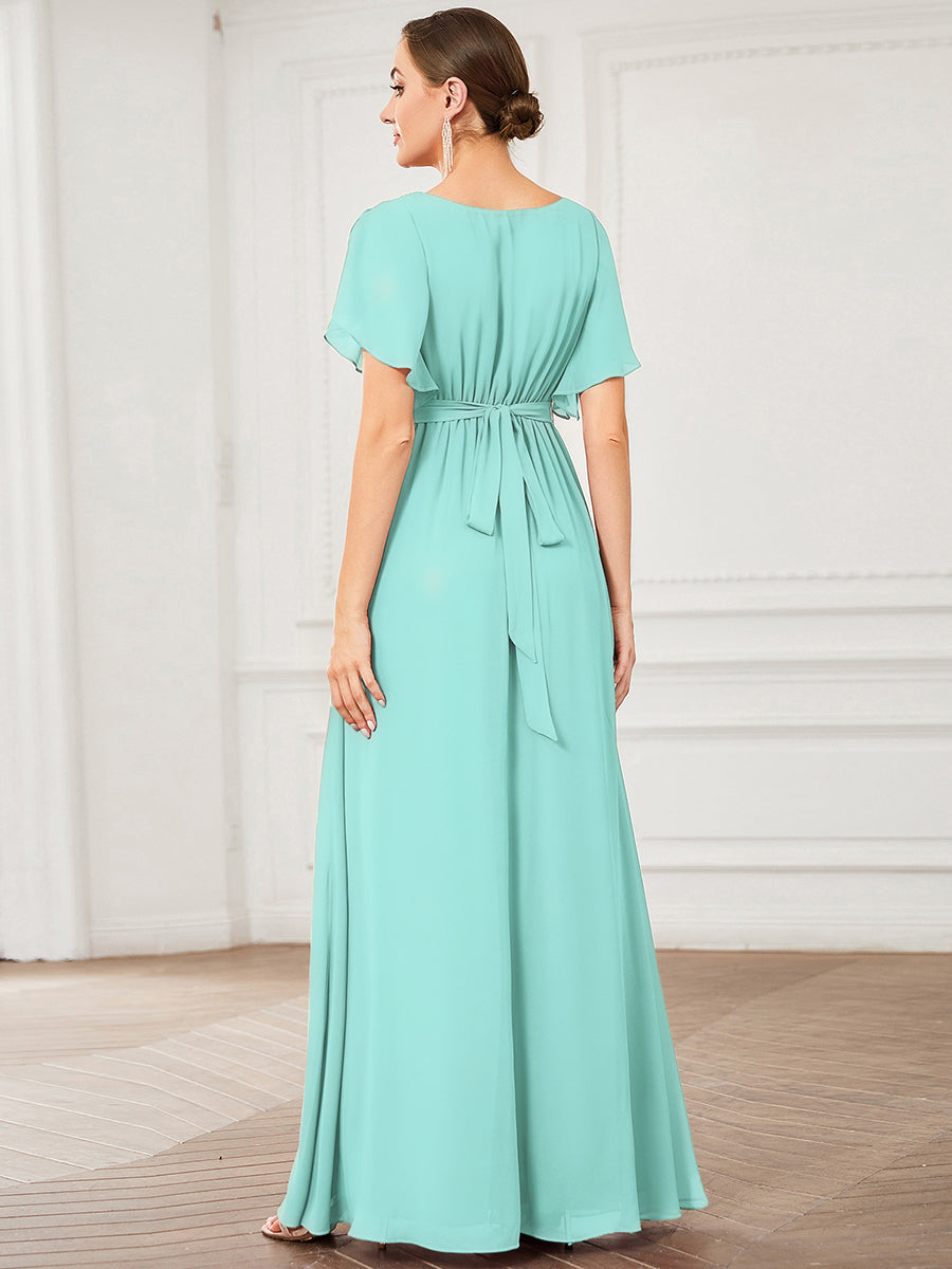 Robe de soirée en mousseline de soie longue de grande taille à encolureen V Maxi #Couleur_Bleu pastel