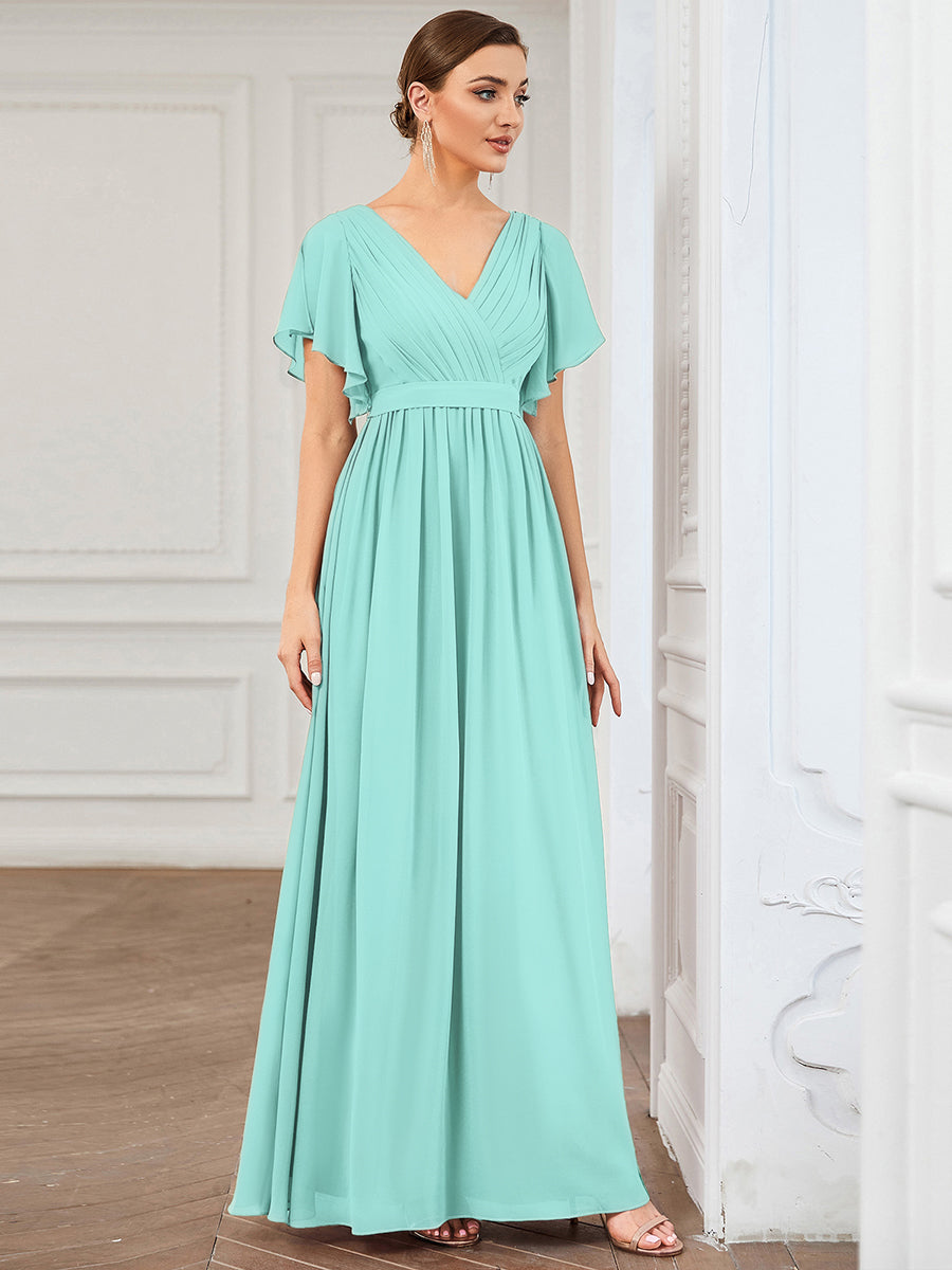 Robe de soirée en mousseline de soie à encolure en V et à manches flottantes #Couleur_Bleu pastel
