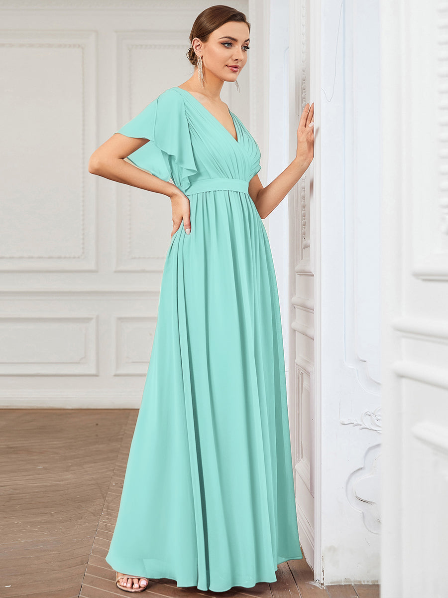 Robe mariage invitée en mousseline de soie longue de grande taille à encolure en V Maxi #Couleur_Bleu pastel