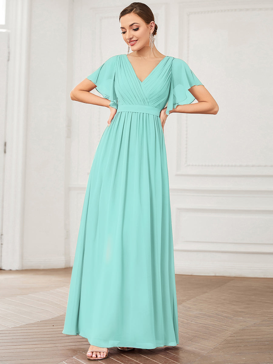 Robe de soirée en mousseline de soie à encolure en V et à manches flottantes #Couleur_Bleu pastel