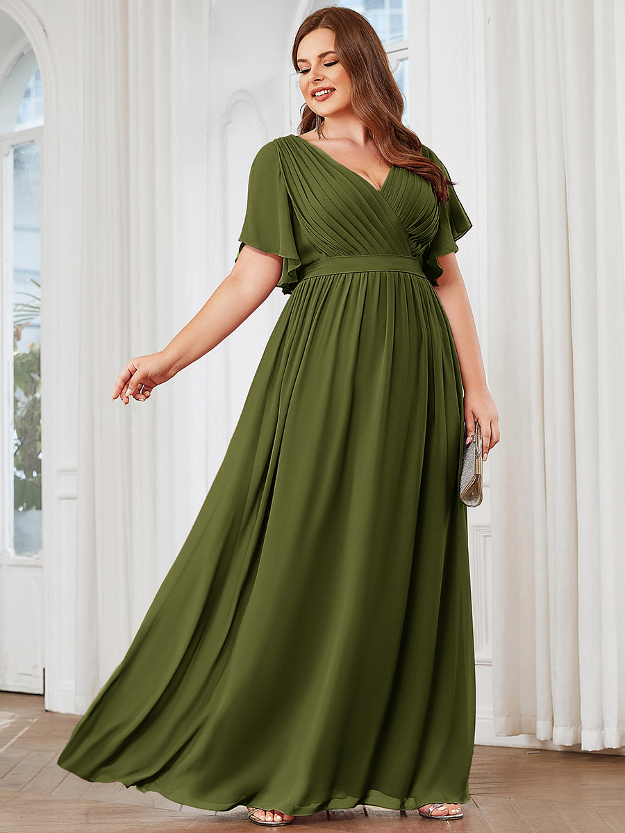Robe de soirée en mousseline de soie longue de grande taille à encolureen V Maxi #Couleur_Vert Olive
