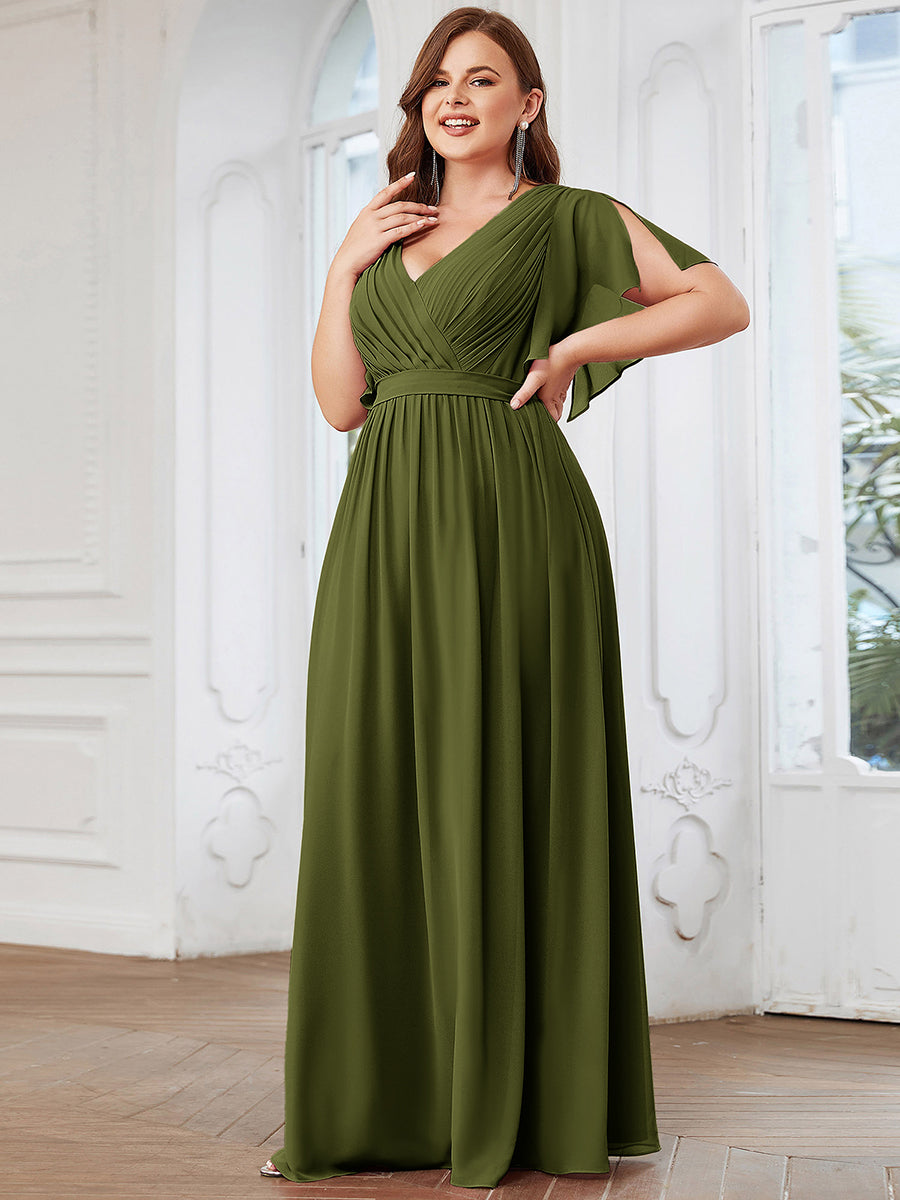 Robe de soirée en mousseline de soie longue de grande taille à encolureen V Maxi #Couleur_Vert Olive
