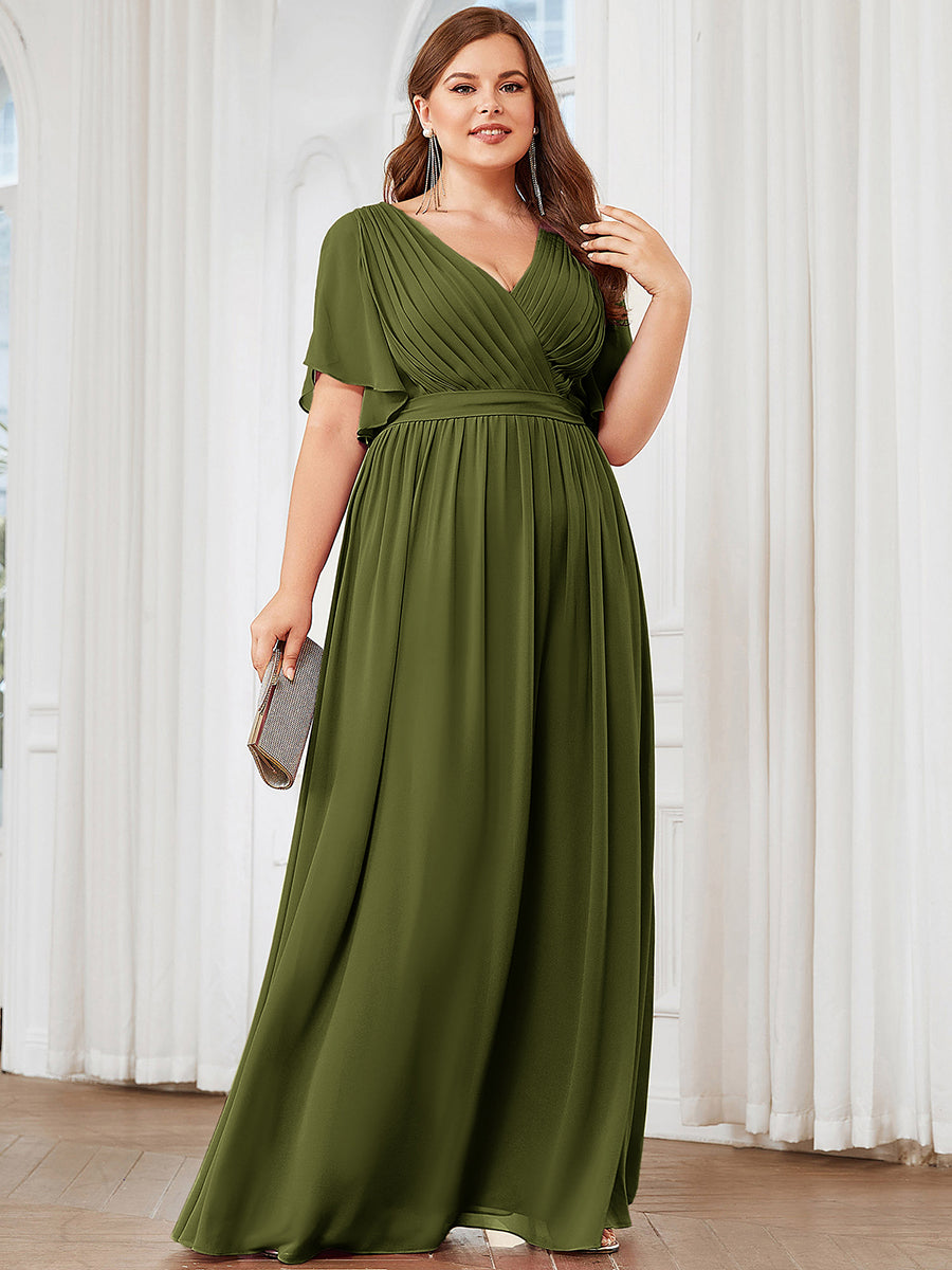 Robe mariage invitée en mousseline de soie longue de grande taille à encolure en V Maxi #Couleur_Vert Olive