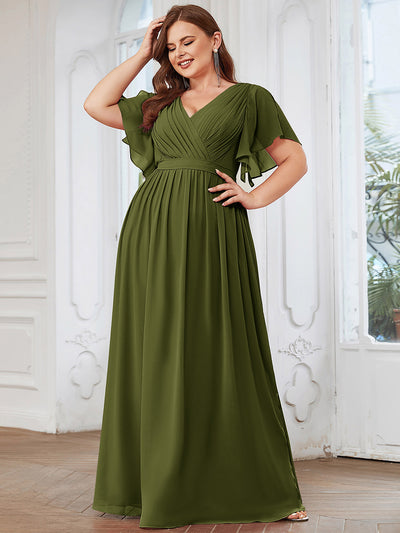pretty LEORA|Robe de soirée en mousseline de soie longue de grande taille à encolureen V Maxi
