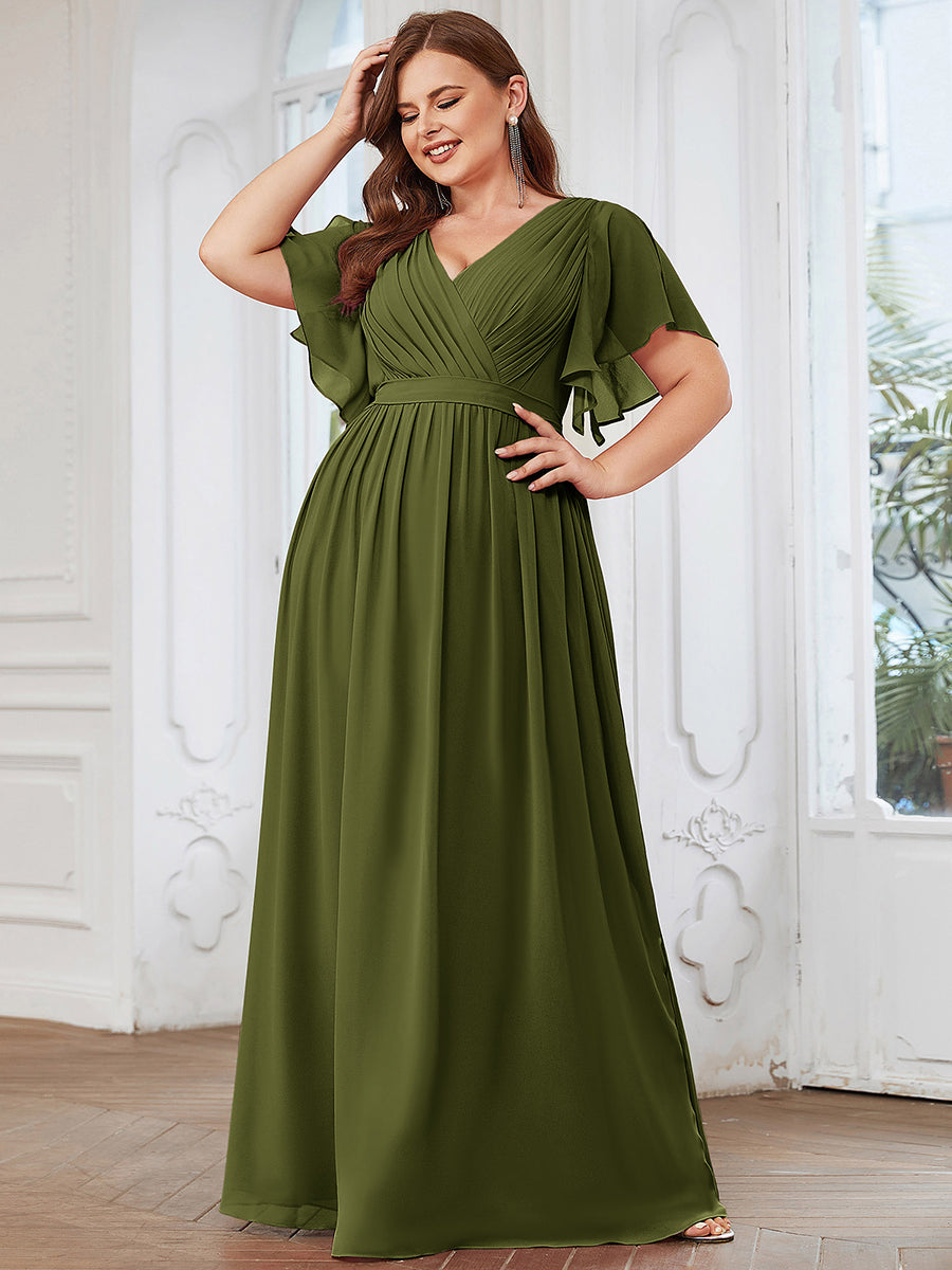 Robe de soirée en mousseline de soie longue de grande taille à encolureen V Maxi #Couleur_Vert Olive