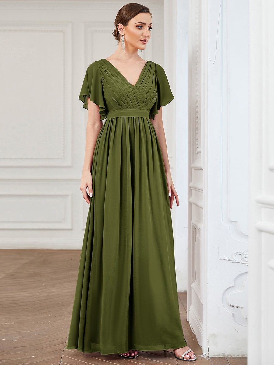 Robe de soirée en mousseline de soie à encolure en V et à manches flottantes #Couleur_Vert Olive