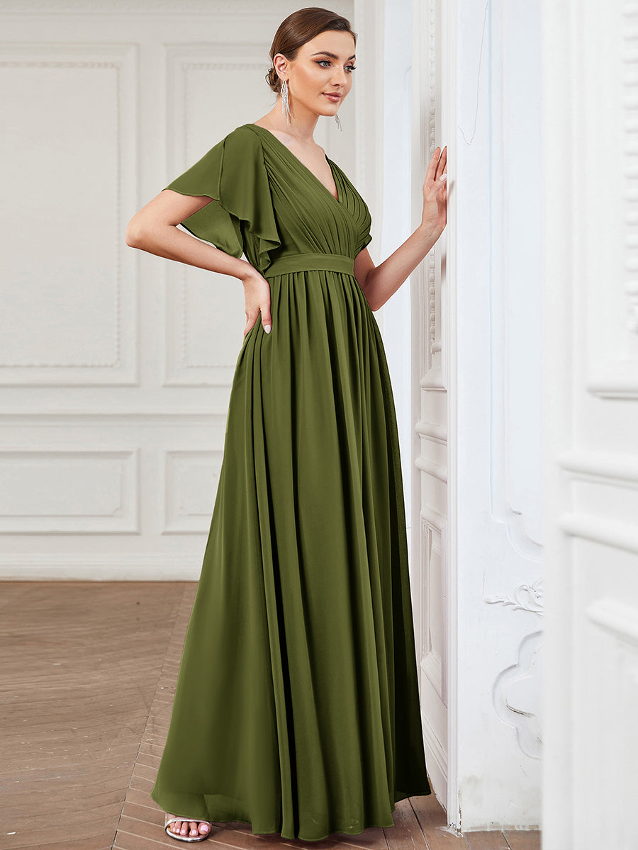 Robe de soirée en mousseline de soie à encolure en V et à manches flottantes #Couleur_Vert Olive