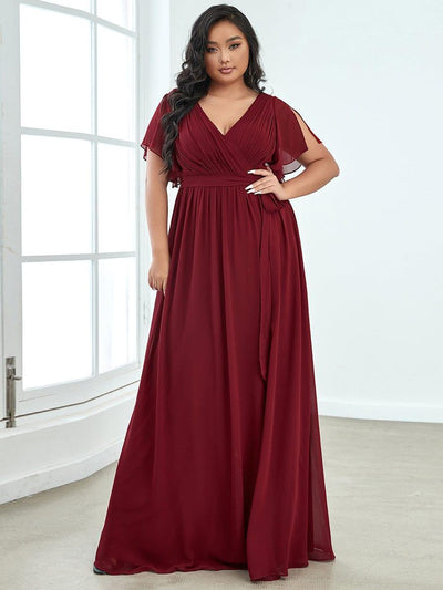 pretty LEORA|Robe de soirée en mousseline de soie longue de grande taille à encolureen V Maxi