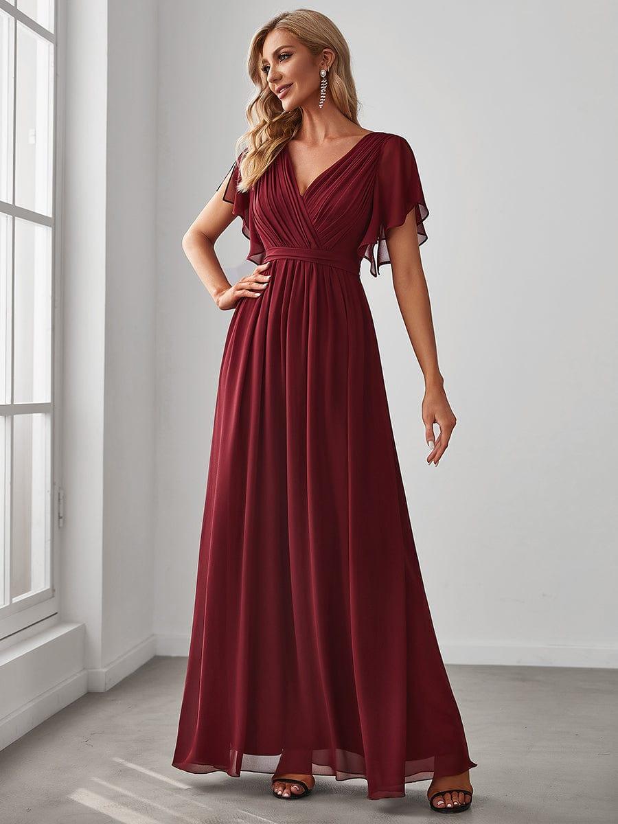 Robe de demoiselle d'honneur en mousseline de soie à encolure en V et à manches #Couleur_Bordeaux