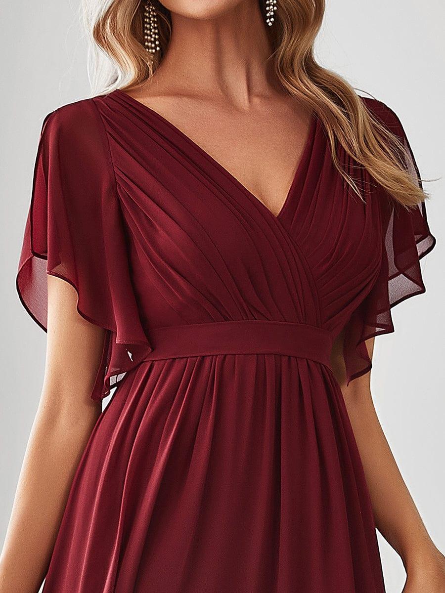 Robe de demoiselle d'honneur en mousseline de soie à encolure en V et à manches #Couleur_Bordeaux
