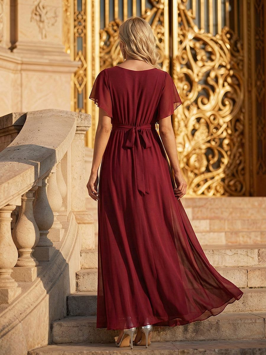 Robe mariage invitée en mousseline de soie à encolure en V et à manches flottantes #Couleur_Bordeaux