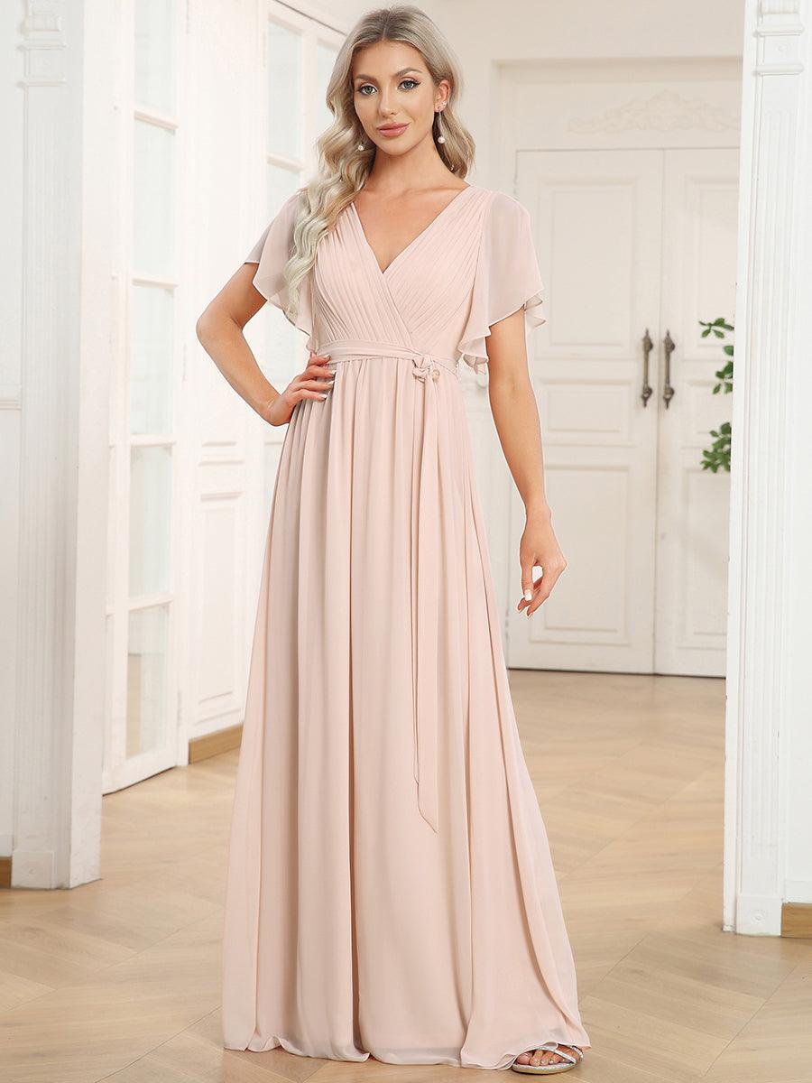 Robe de demoiselle d'honneur en mousseline de soie à encolure en V et à manches #Couleur_Blush