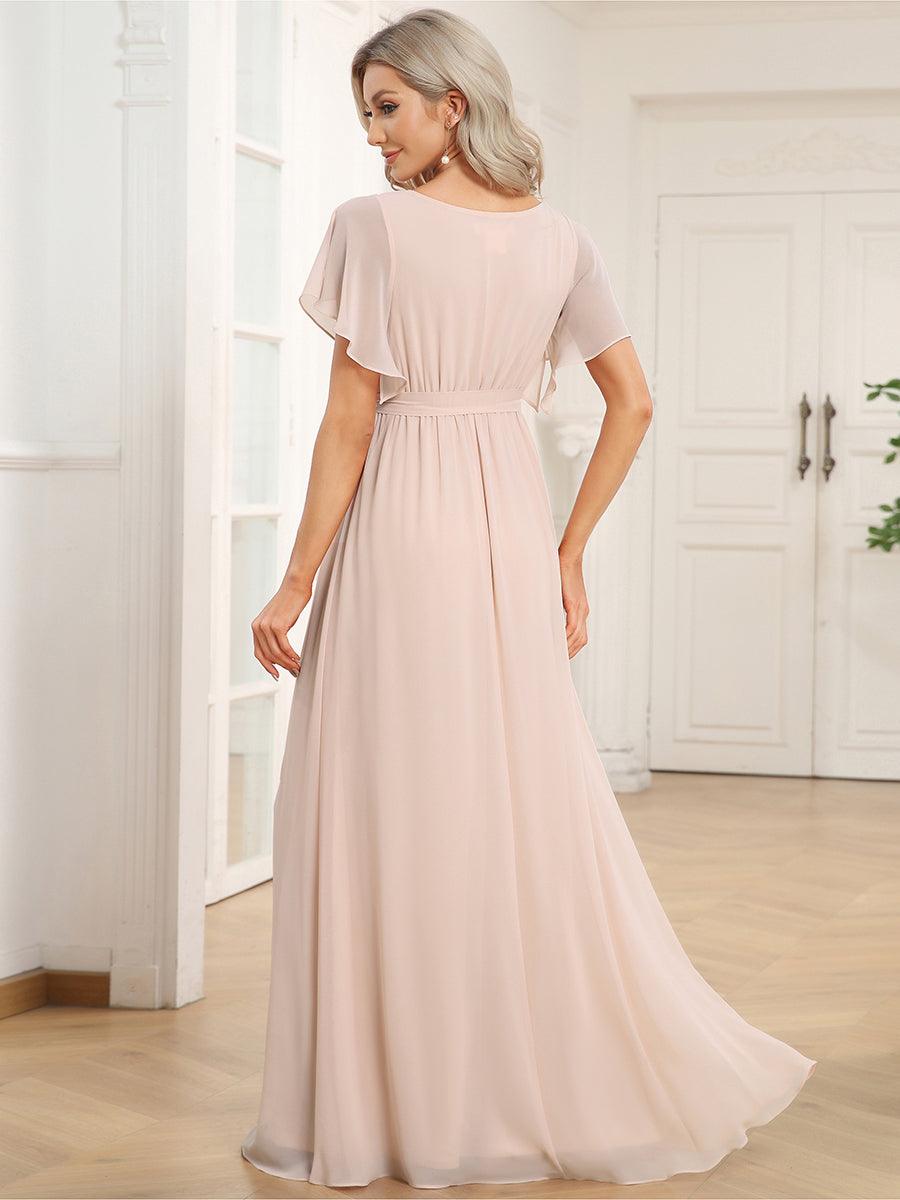 Robe de demoiselle d'honneur en mousseline de soie à encolure en V et à manches #Couleur_Blush