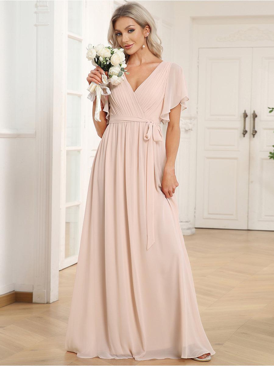 Robe de demoiselle d'honneur en mousseline de soie à encolure en V et à manches #Couleur_Blush