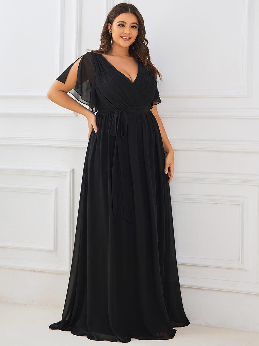 Robe de demoiselle d'honneur en mousseline de soie à encolure en V et à manches #Couleur_Noir