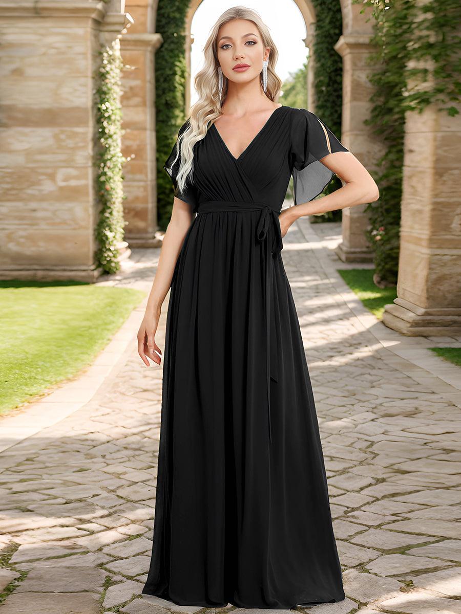Robe de demoiselle d'honneur en mousseline de soie à encolure en V et à manches #Couleur_Noir