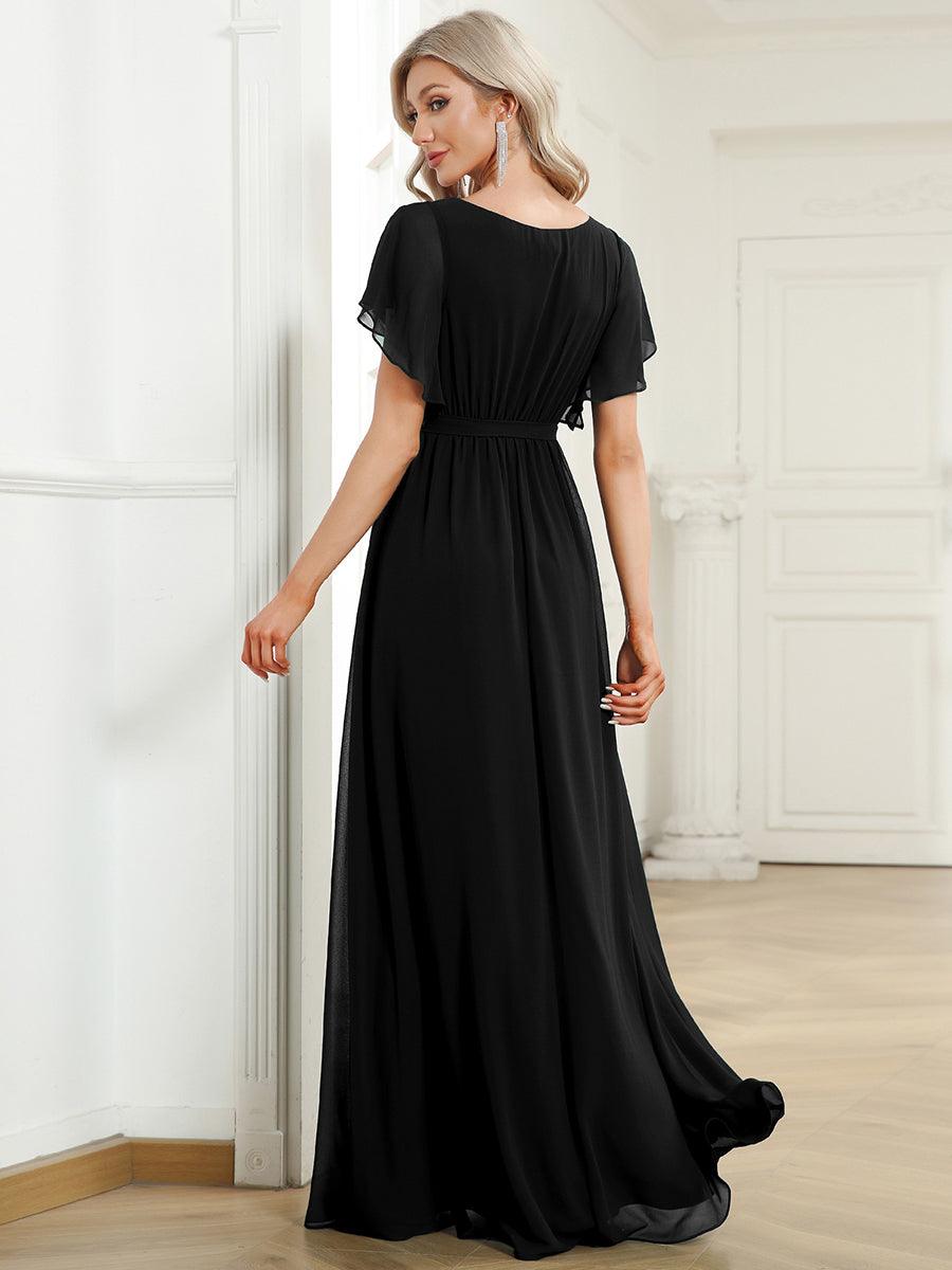Robe de demoiselle d'honneur en mousseline de soie à encolure en V et à manches #Couleur_Noir