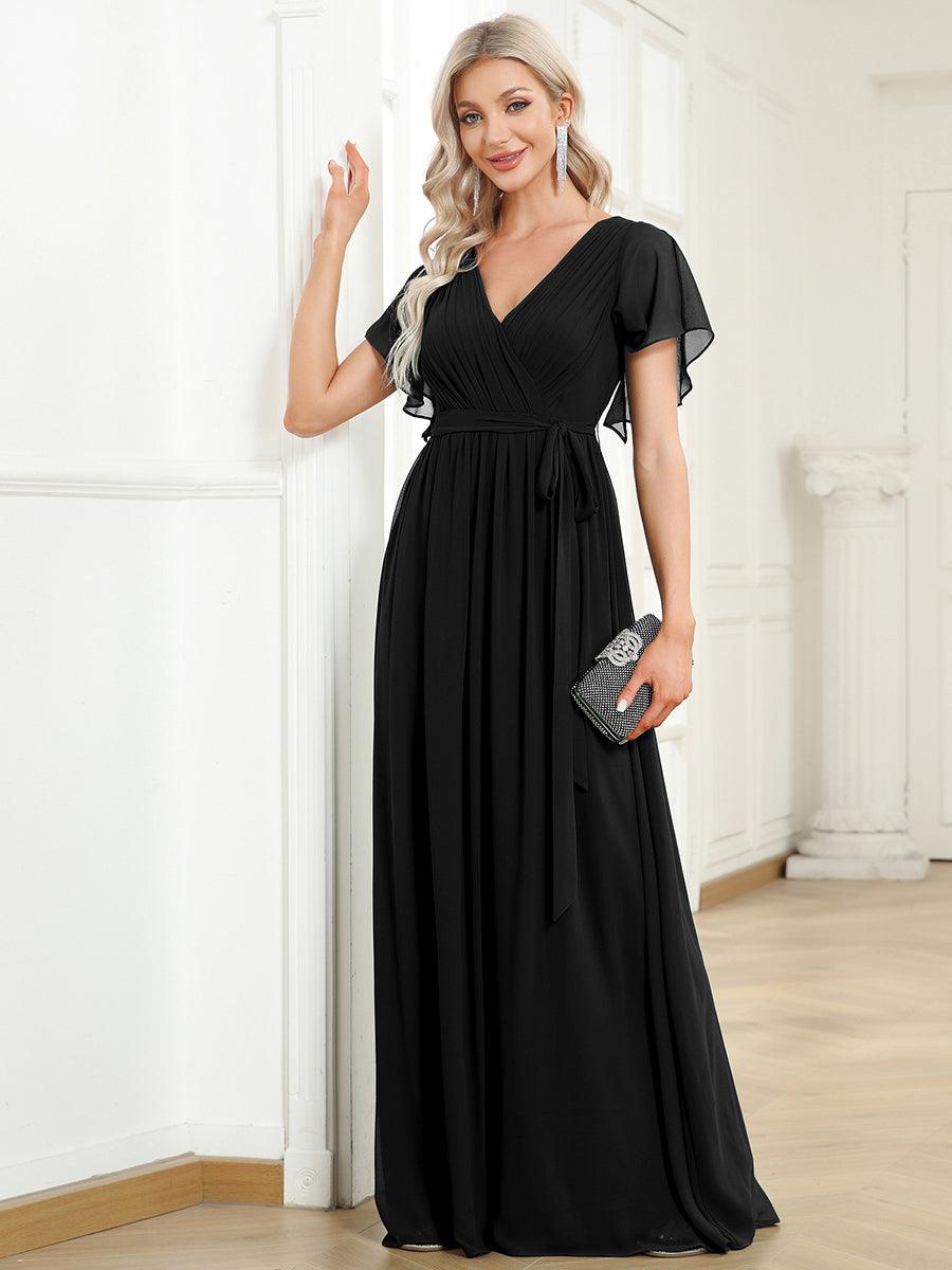 Robe de demoiselle d'honneur en mousseline de soie à encolure en V et à manches #Couleur_Noir