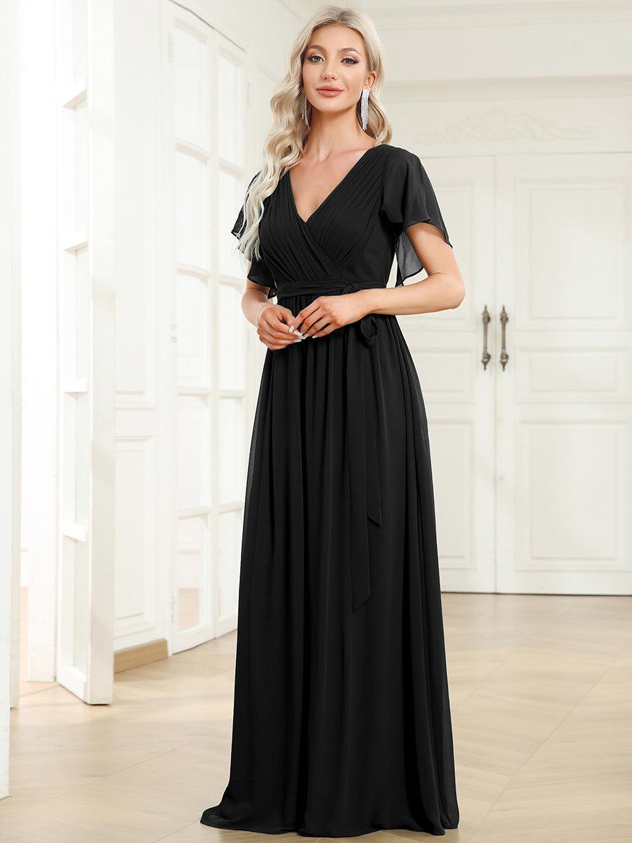 Robe de demoiselle d'honneur en mousseline de soie à encolure en V et à manches #Couleur_Noir