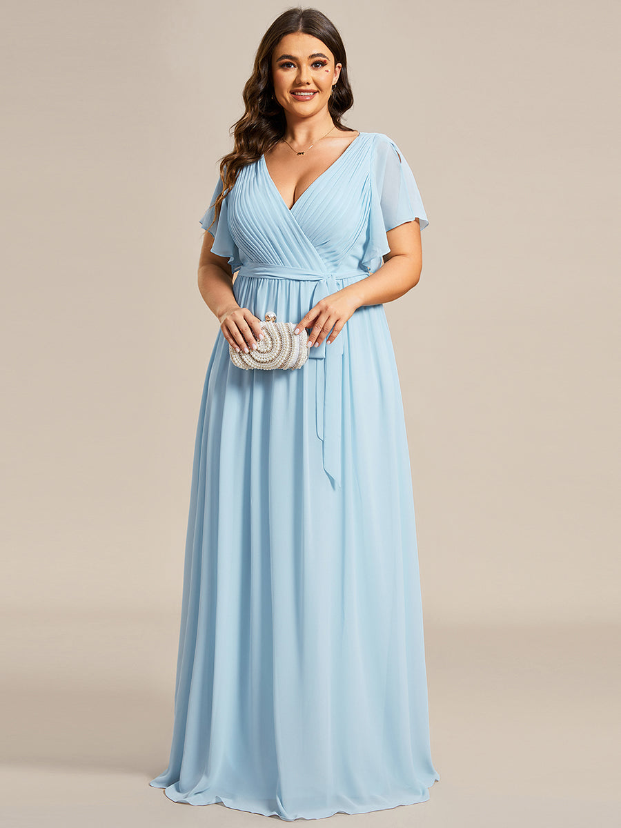 Robe mariage invitée en mousseline de soie à encolure en V et à manches flottantes #Couleur_Bleu Ciel