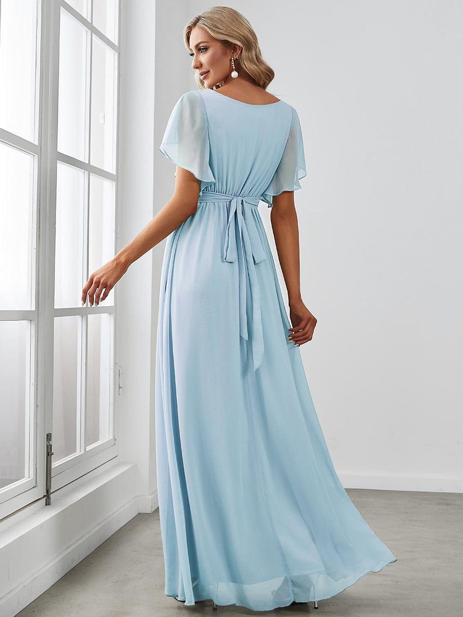 Robe de demoiselle d'honneur en mousseline de soie à encolure en V et à manches #Couleur_Bleu Ciel