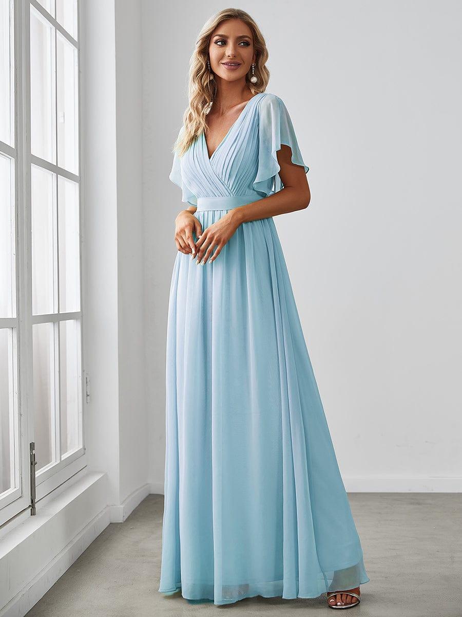 Robe de demoiselle d'honneur en mousseline de soie à encolure en V et à manches #Couleur_Bleu Ciel