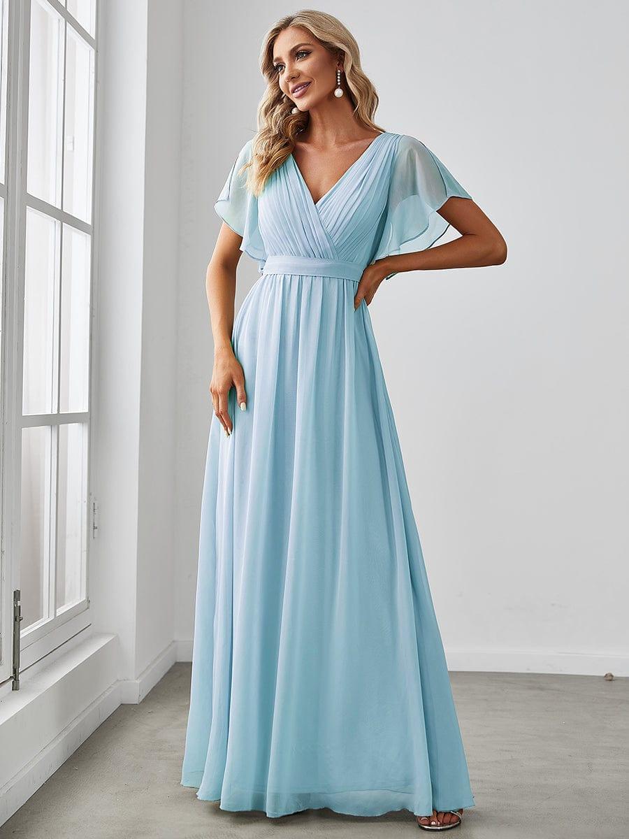 Robe de demoiselle d'honneur en mousseline de soie à encolure en V et à manches #Couleur_Bleu Ciel