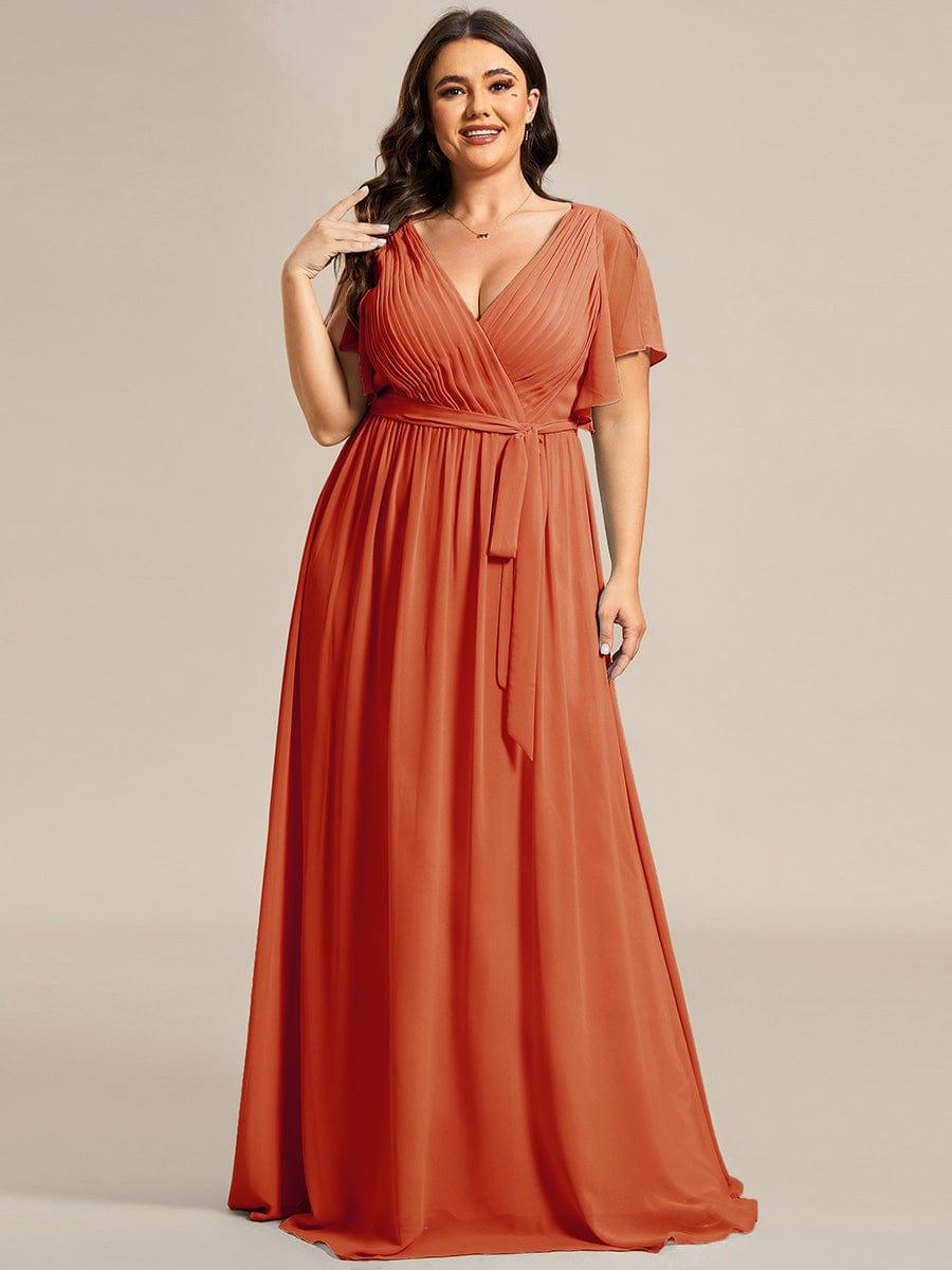 Robe de demoiselle d'honneur en mousseline de soie à encolure en V et à manches #Couleur_Burnt Orange