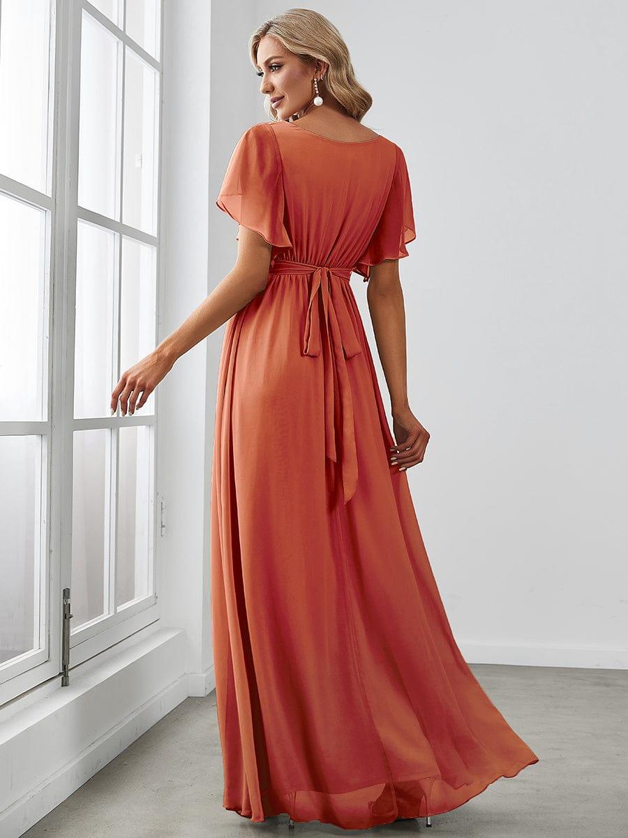 Robe de demoiselle d'honneur en mousseline de soie à encolure en V et à manches #Couleur_Burnt Orange