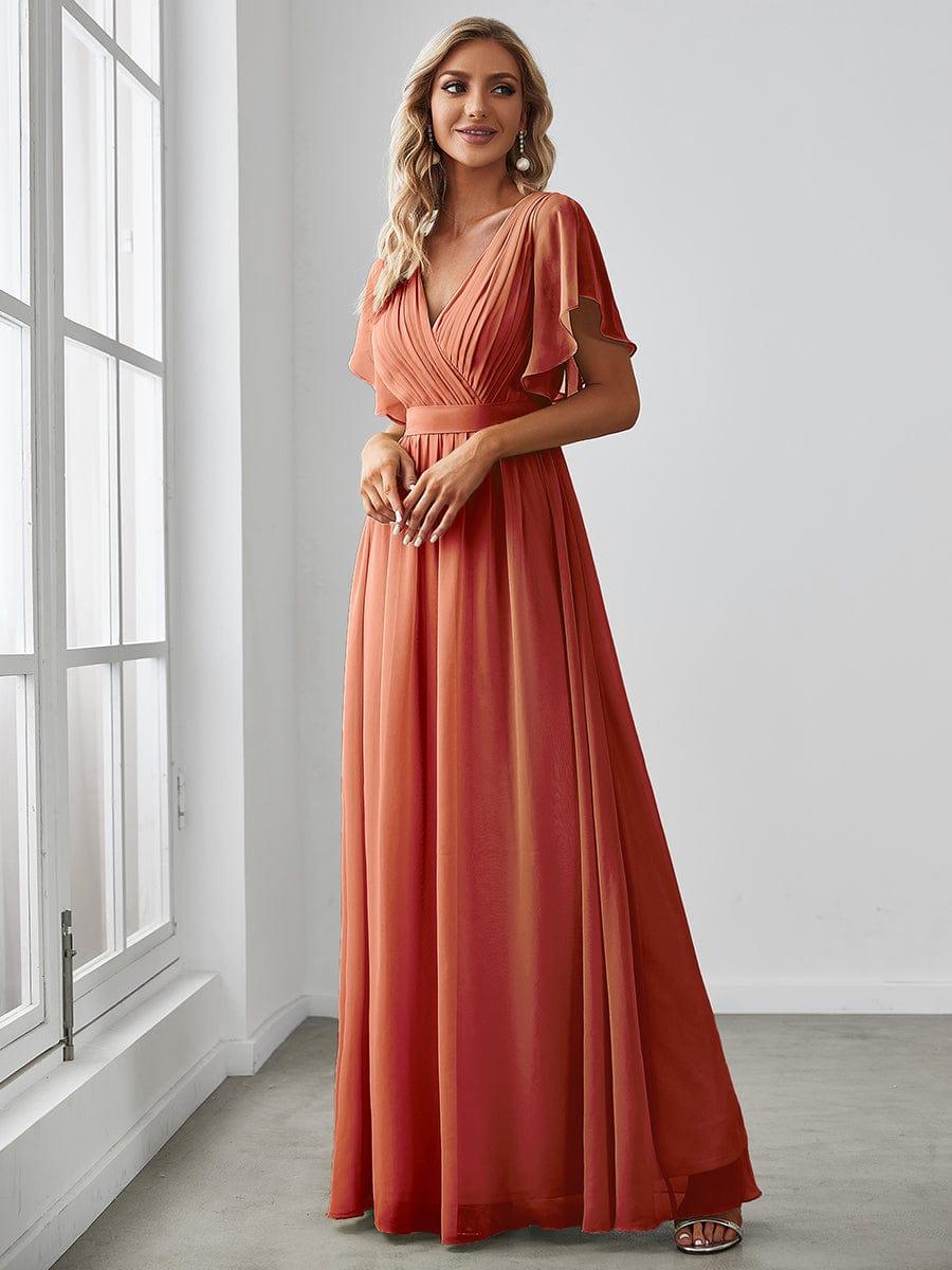 Robe de demoiselle d'honneur en mousseline de soie à encolure en V et à manches #Couleur_Burnt Orange