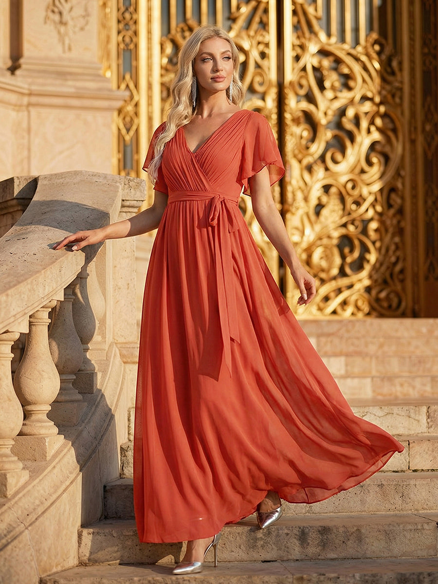 Robe de soirée en mousseline de soie à encolure en V et à manches flottantes #Couleur_Burnt Orange