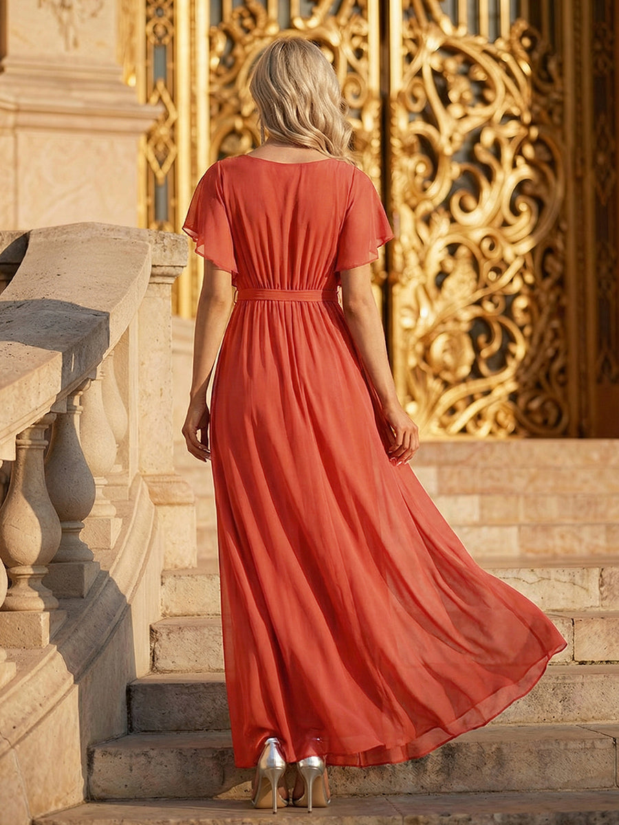 Robe de soirée en mousseline de soie à encolure en V et à manches flottantes #Couleur_Burnt Orange