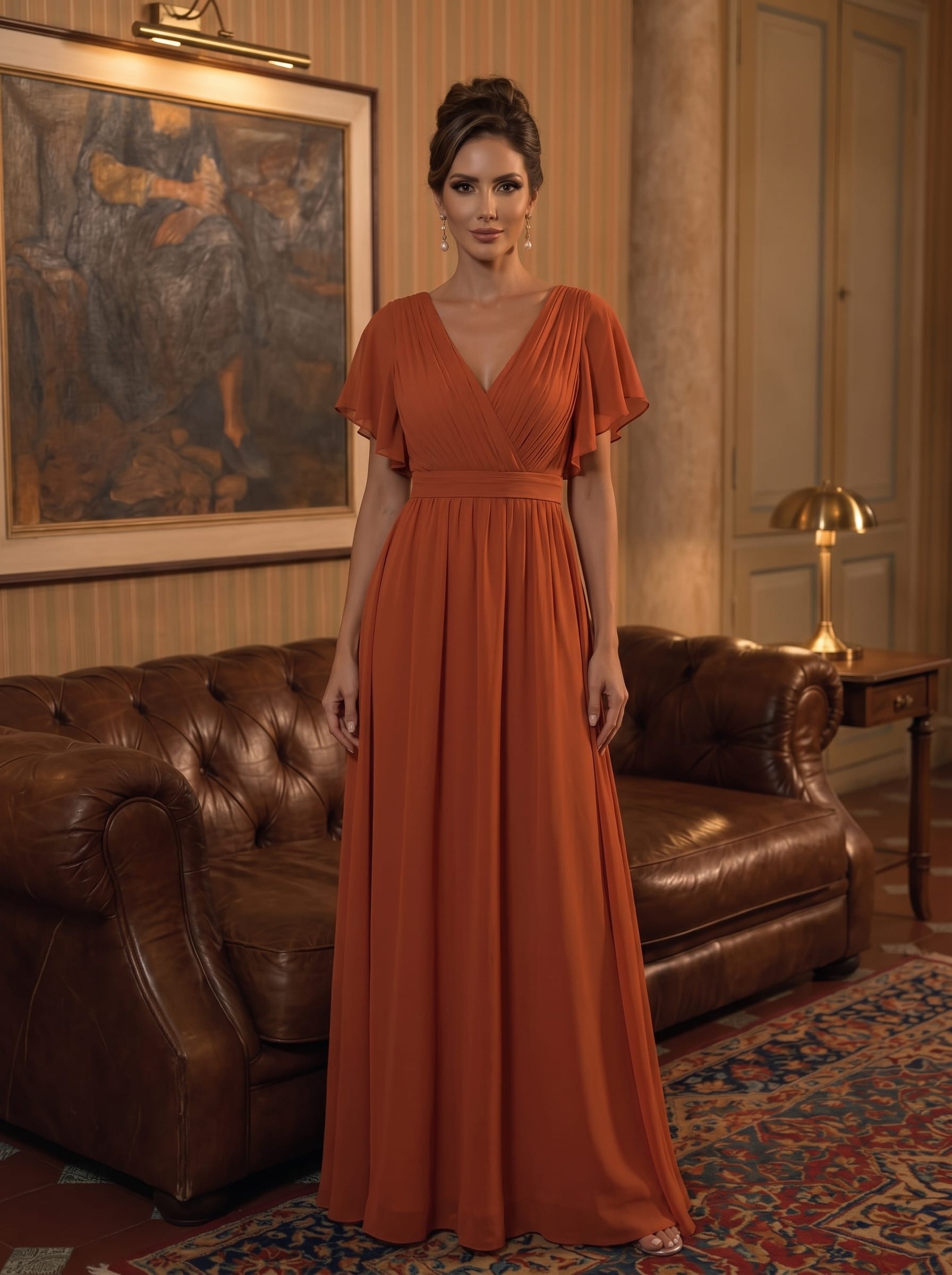 ever LEORA|Robe de soirée en mousseline de soie à col V et à manches flottantes