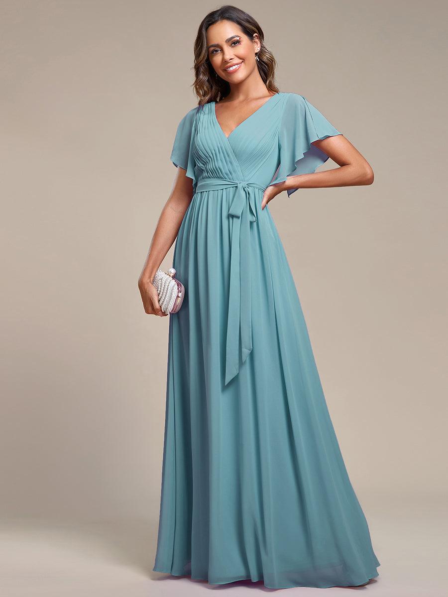 Robe de demoiselle d'honneur en mousseline de soie ????è encolure en V et ????è manches #Couleur_Bleu Fume