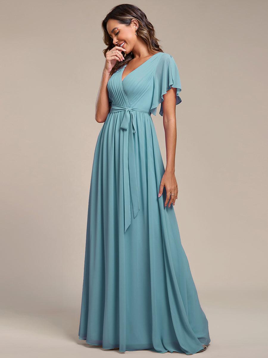 Robe de demoiselle d'honneur en mousseline de soie ????è encolure en V et ????è manches #Couleur_Bleu Fume