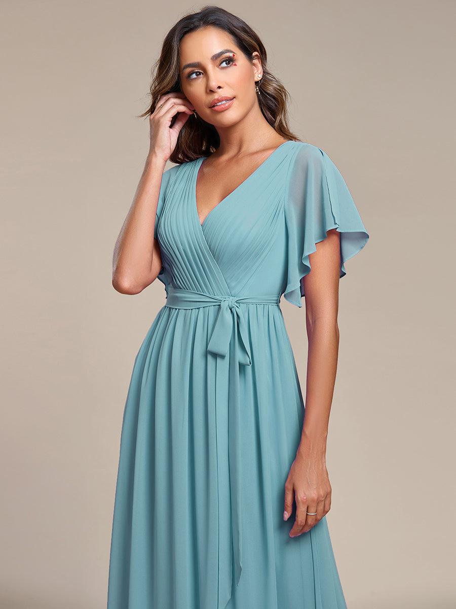 Robe de demoiselle d'honneur en mousseline de soie ????è encolure en V et ????è manches #Couleur_Bleu Fume
