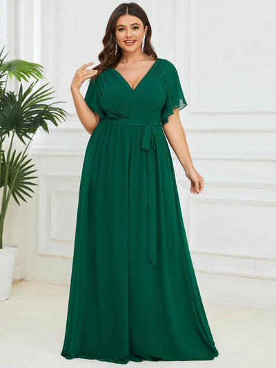 pretty LEORA|Robe de soirée en mousseline de soie longue de grande taille à encolureen V Maxi