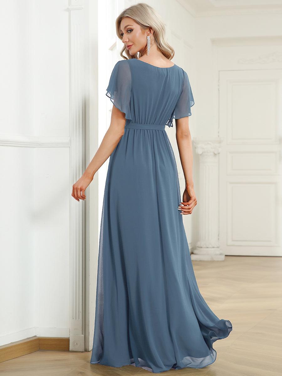 Robe de demoiselle d'honneur en mousseline de soie ????è encolure en V et ????è manches #Couleur_Marine Fume