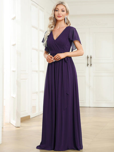 ever LEORA|Robe de soirée en mousseline de soie à col V et à manches flottantes