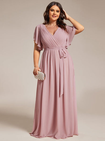 pretty LEORA|Robe mariage invitée en mousseline de soie longue de grande taille à encolure en V Maxi