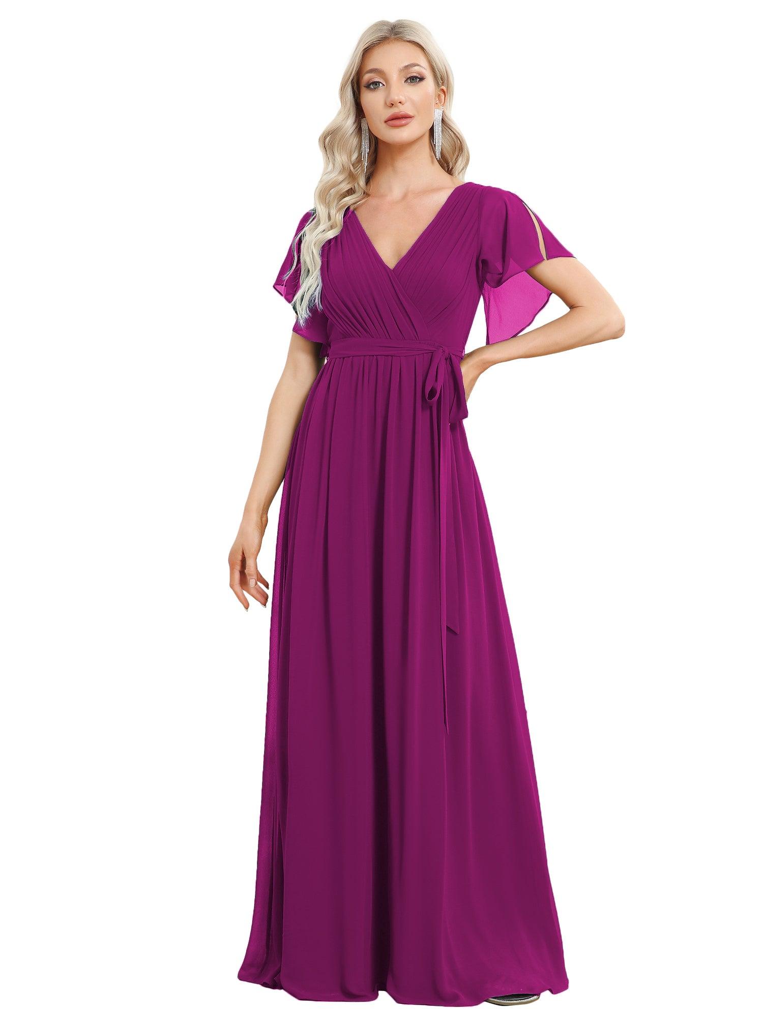 Taille personnalisée Robe de soirée en mousseline de soie à encolure en V #Couleur_Fuchsia