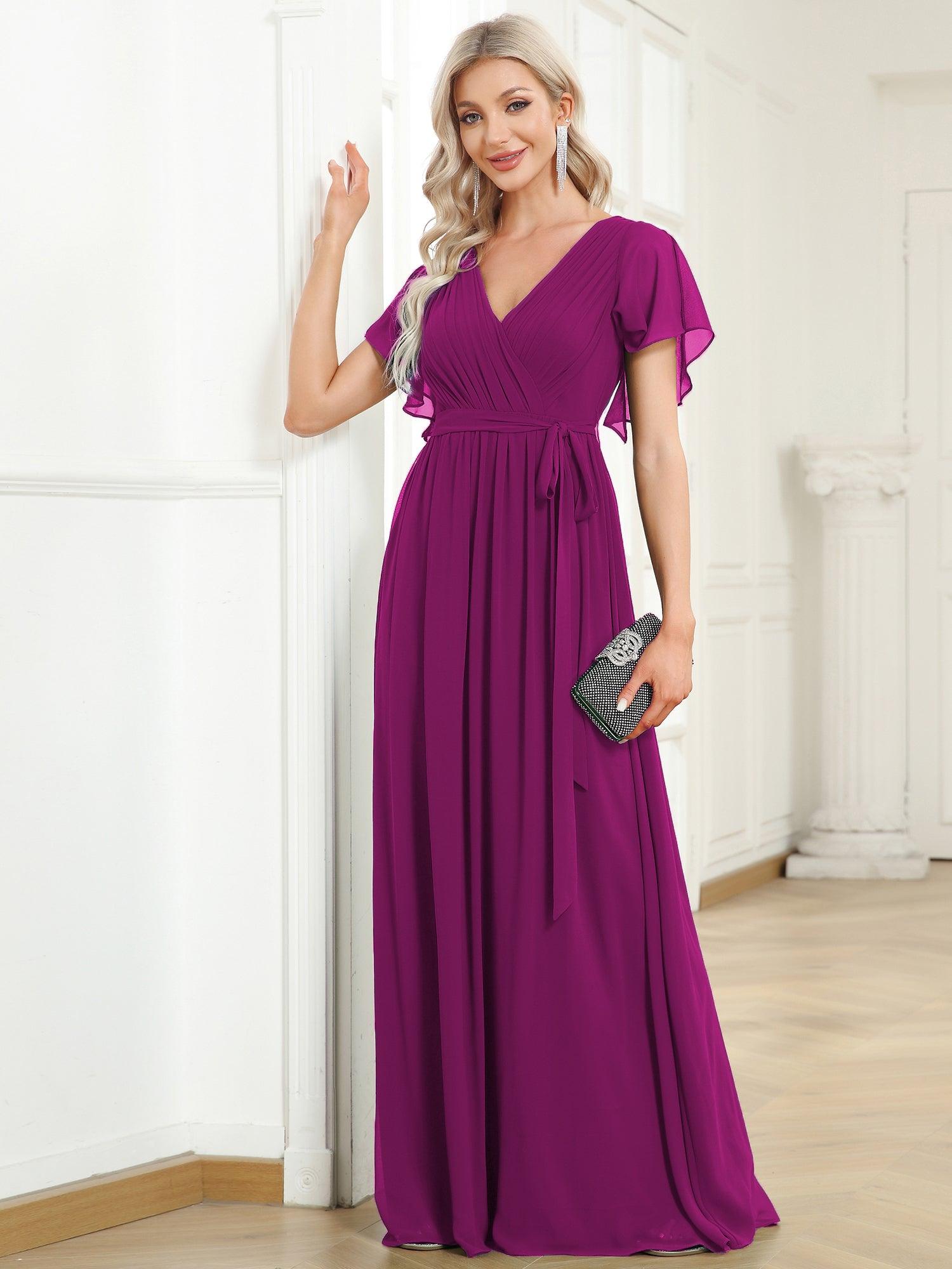 Taille personnalisée Robe de soirée en mousseline de soie à encolure en V #Couleur_Fuchsia