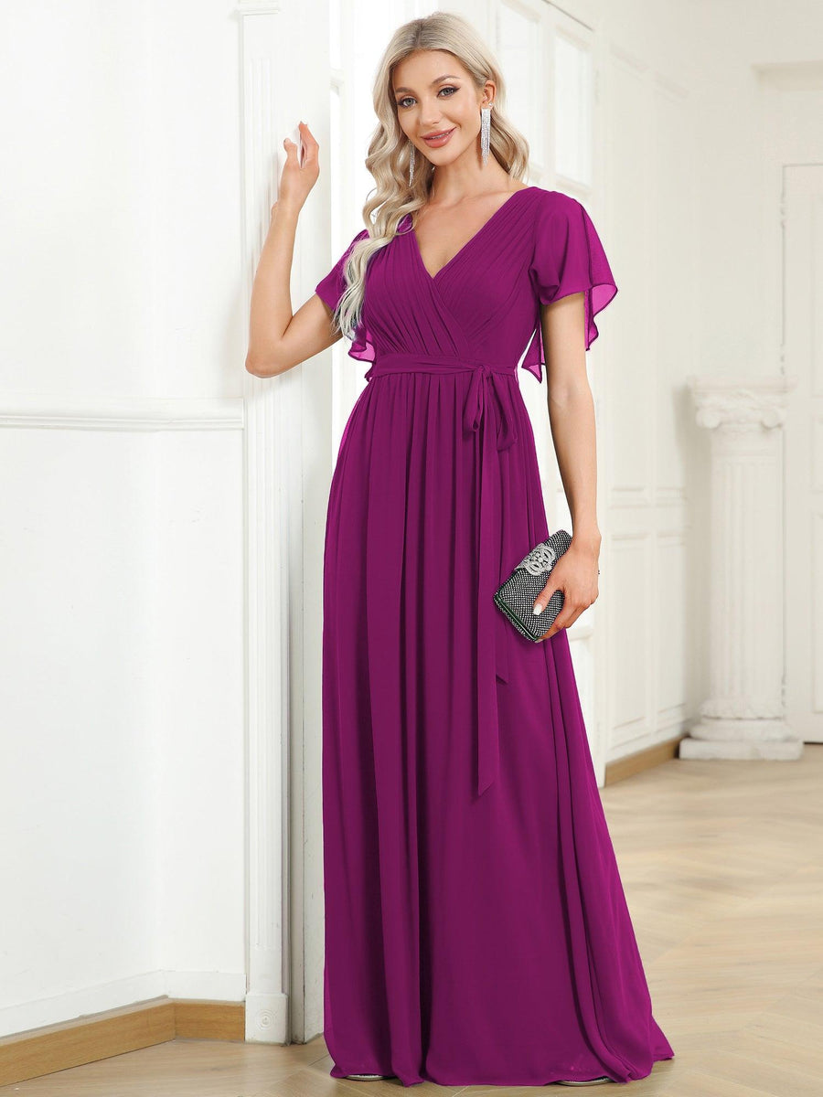 Taille personnalisée Robe de soirée en mousseline de soie à encolure en V #Couleur_Fuchsia