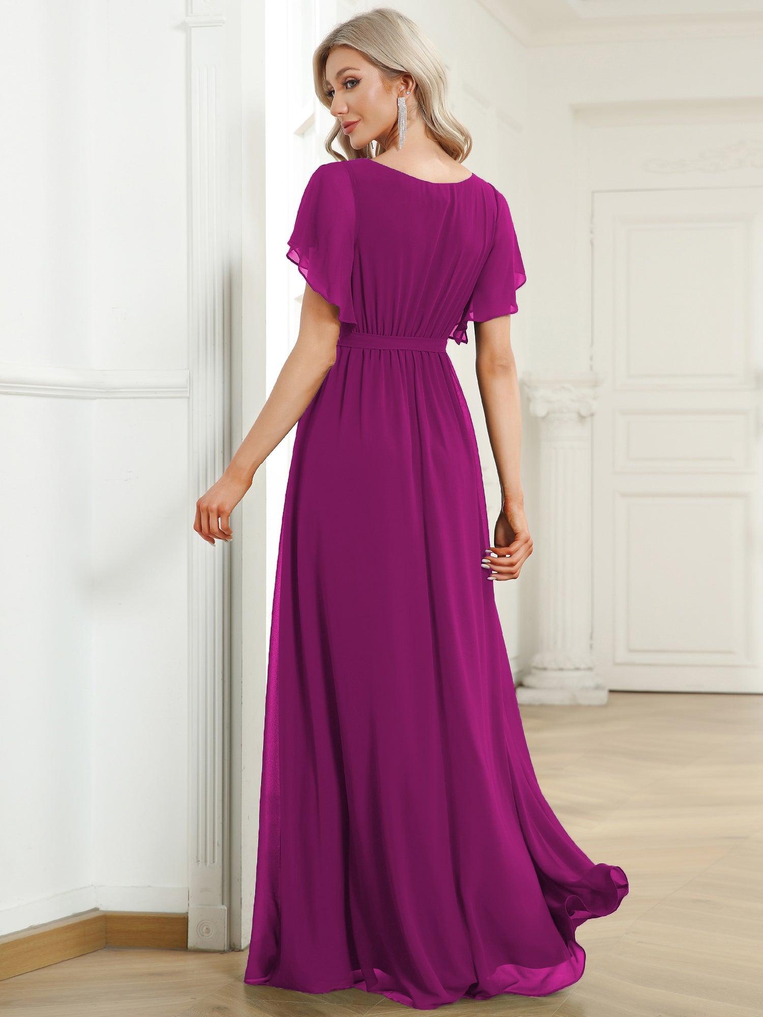 Taille personnalisée Robe de soirée en mousseline de soie à encolure en V #Couleur_Fuchsia