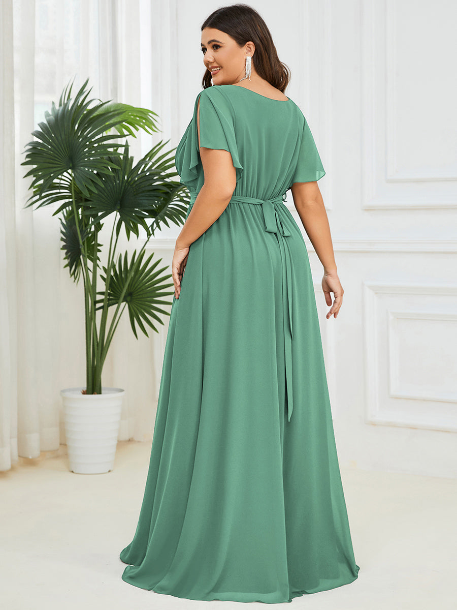 Robe mariage invitée en mousseline de soie à encolure en V et à manches flottantes #Couleur_Haricot Vert