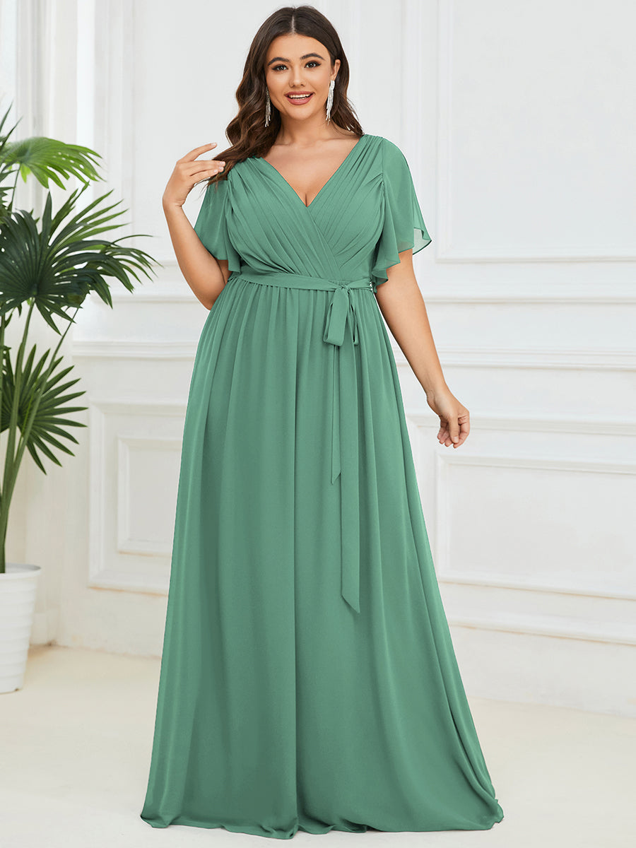 Robe mariage invitée en mousseline de soie à encolure en V et à manches flottantes #Couleur_Haricot Vert