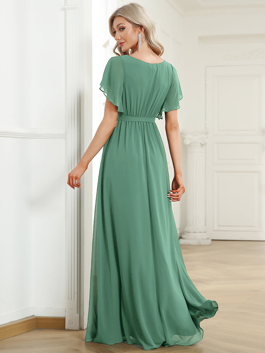 Robe mariage invitée en mousseline de soie à encolure en V et à manches flottantes #Couleur_Haricot Vert