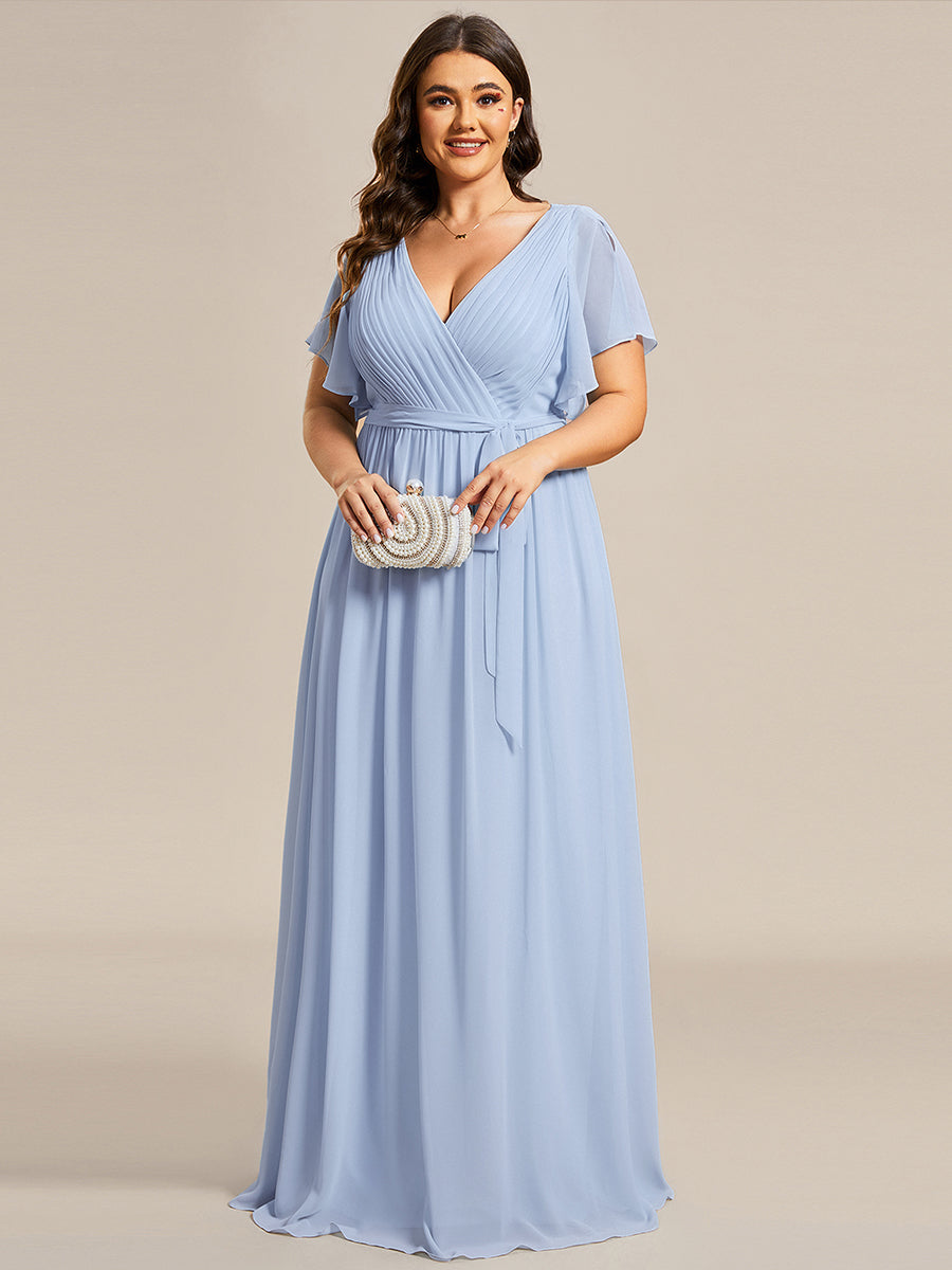 Robe de demoiselle d'honneur en mousseline de soie à encolure en V et à manches #Couleur_Bleu Glace