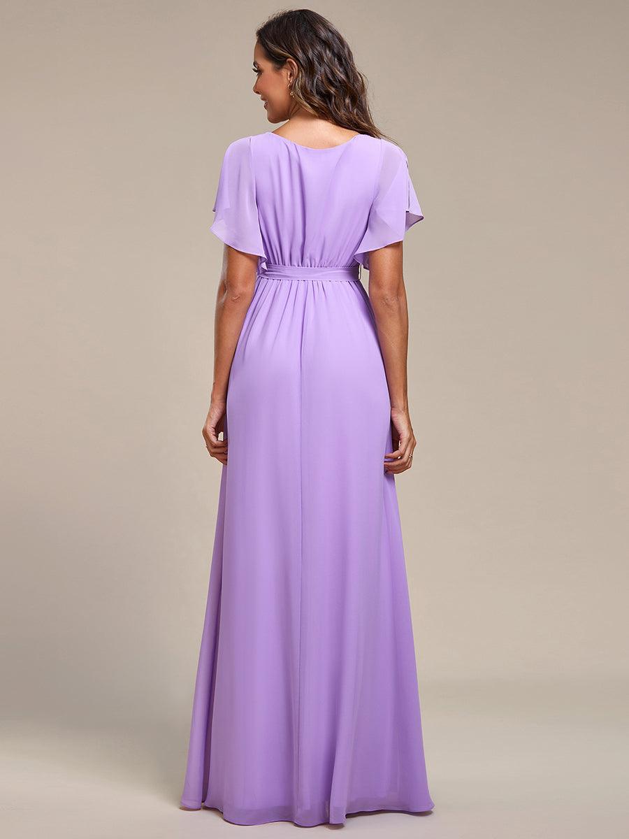 Robe de demoiselle d'honneur en mousseline de soie à encolure en V et à manches #Couleur_Lavande