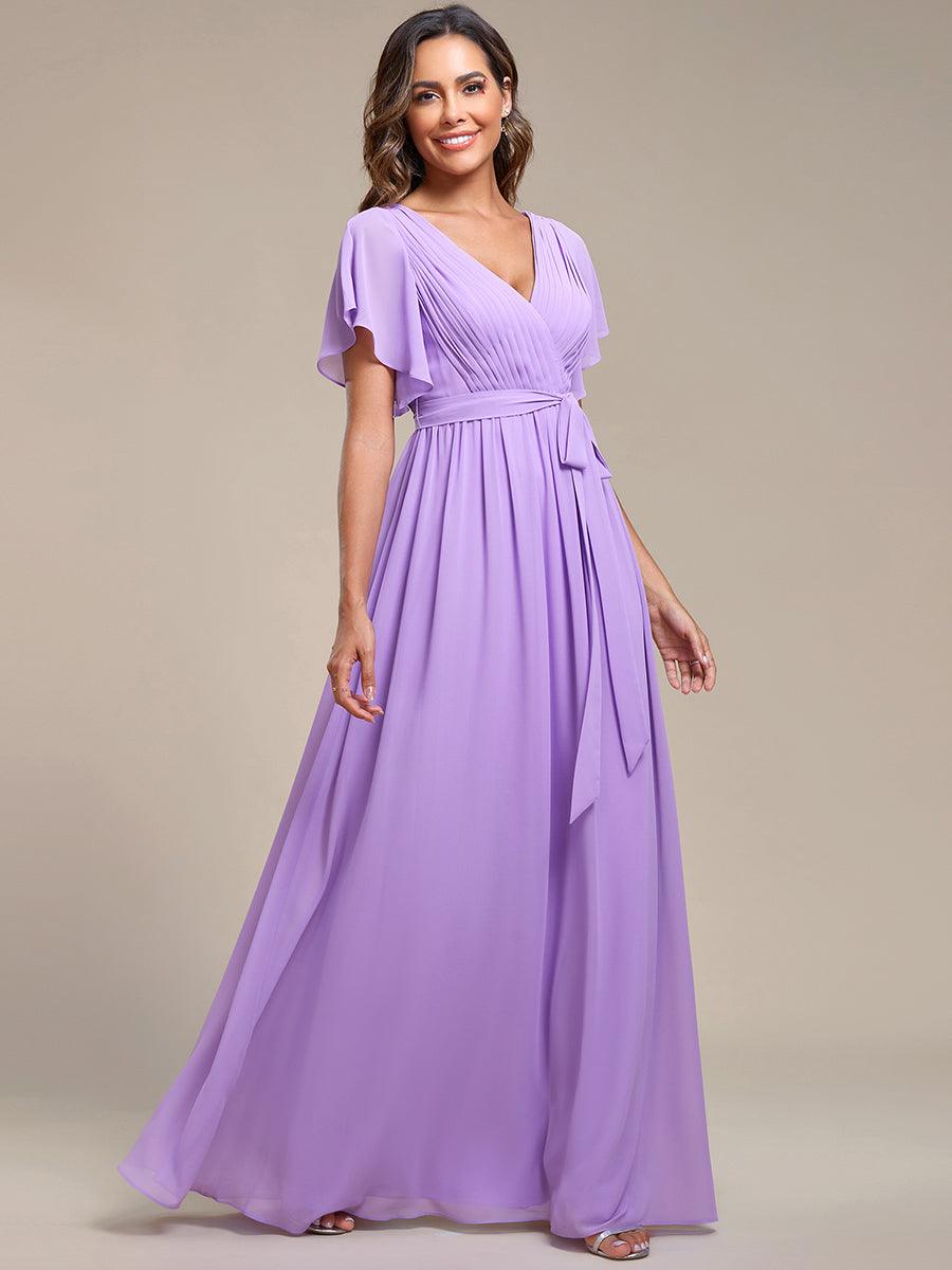 Robe de demoiselle d'honneur en mousseline de soie à encolure en V et à manches #Couleur_Lavande